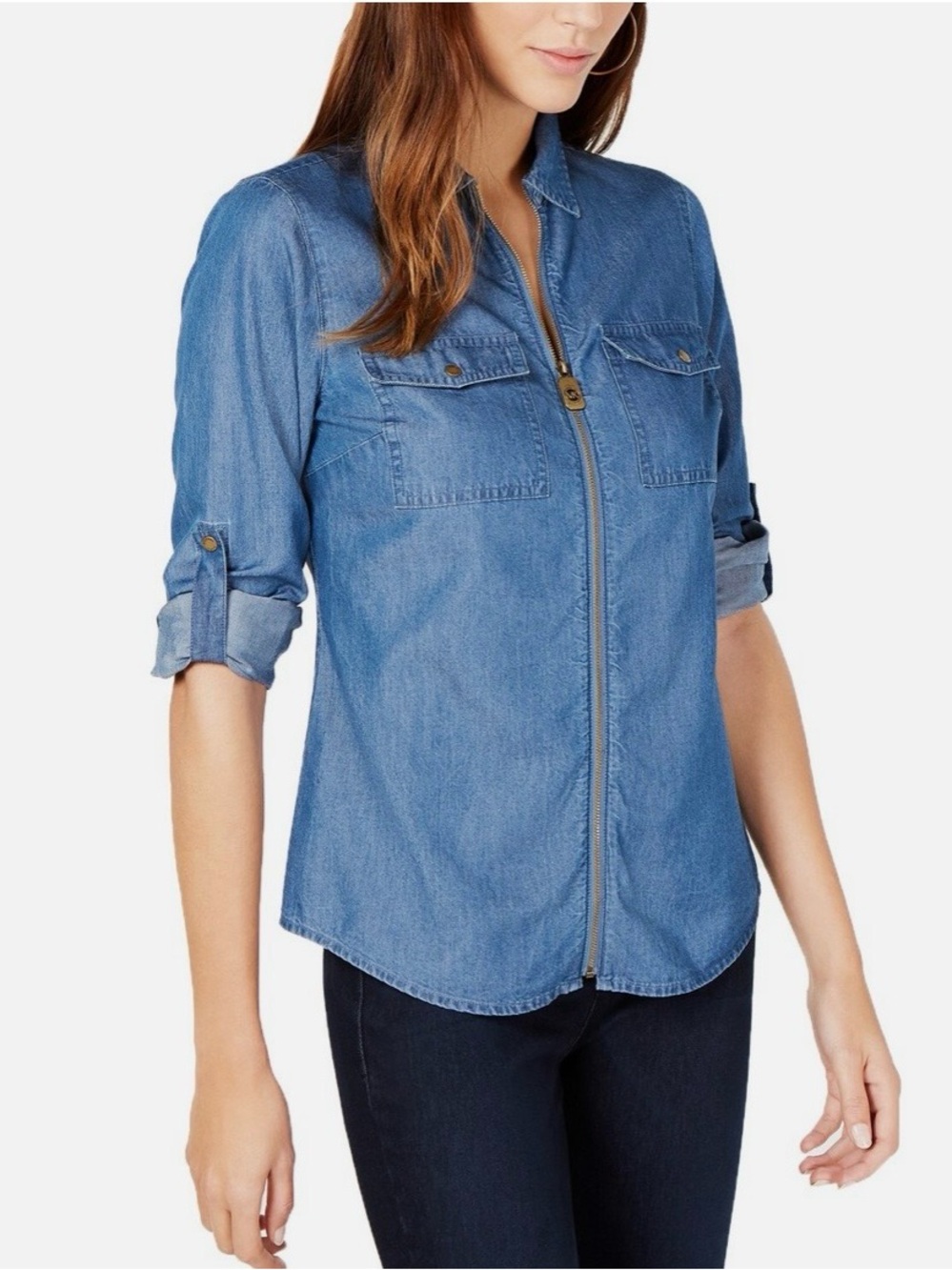 Michael Kors women’s OX front zip denim shirt with rolled snap sleeves